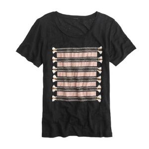 J. Crew Women T-shirt Sz M 100% Linen Dark Navy w/ Embroidered Tassel Striped